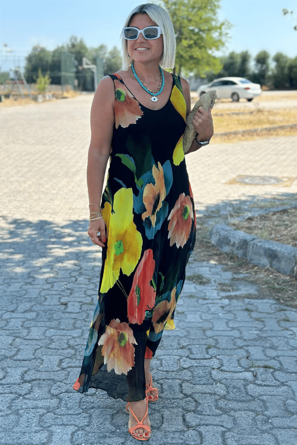Floral Print Silk Chiffon Maxi Dress with U-Neckline