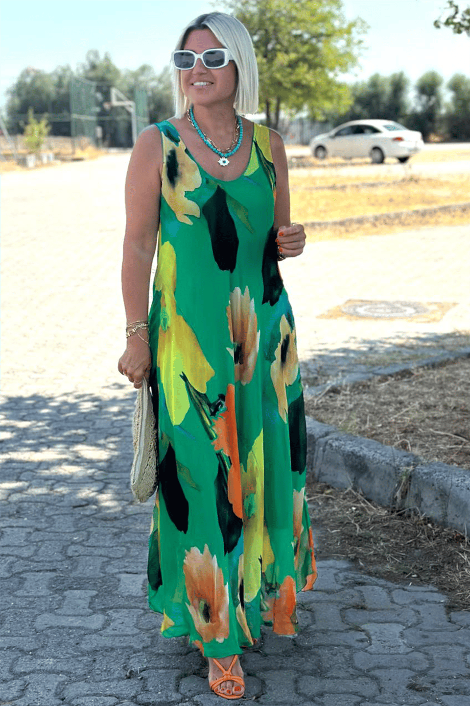 Floral Print Silk Chiffon Maxi Dress with U-Neckline
