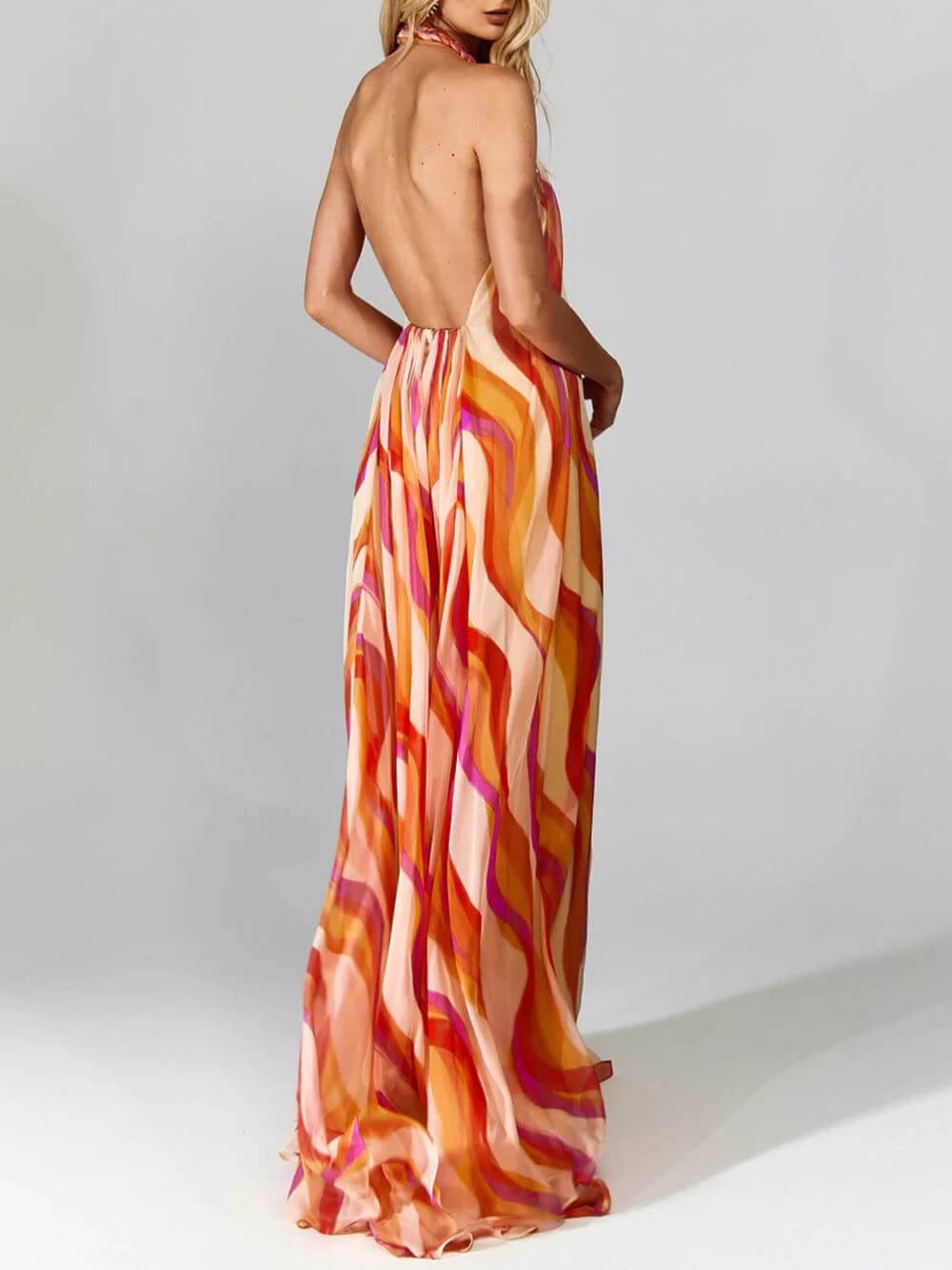 Elegant Braided Halterneck Wave Print Dress