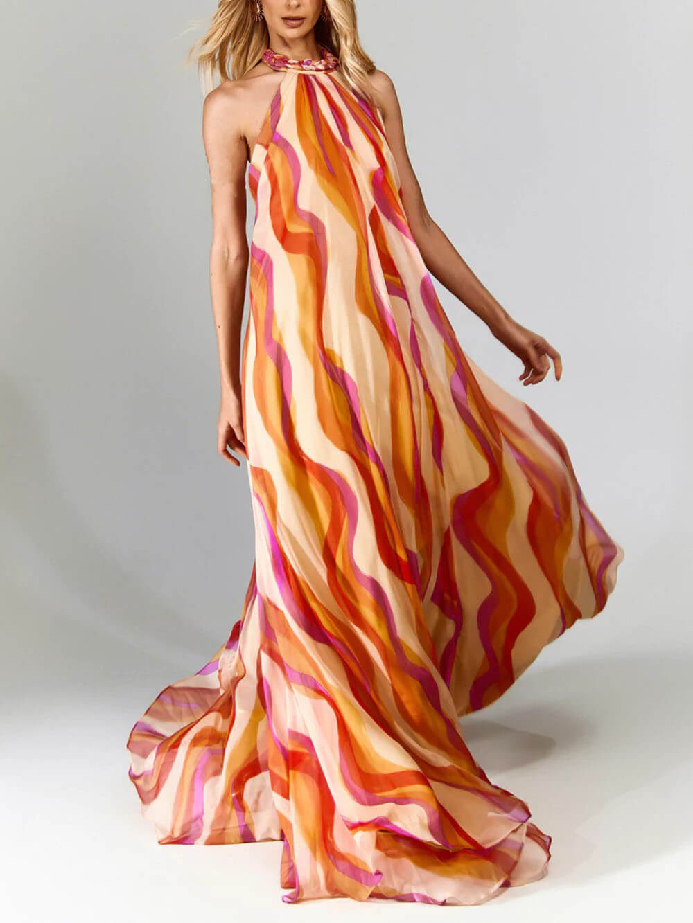 Elegant Braided Halterneck Wave Print Dress