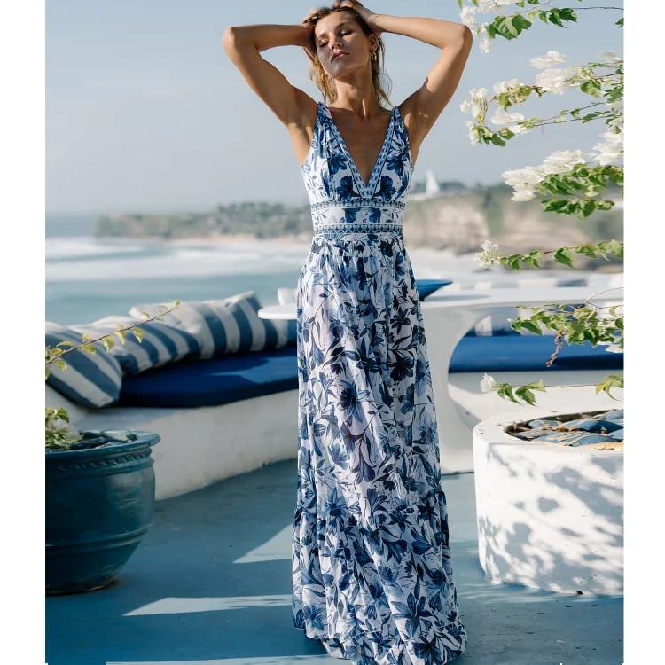 V Neck Ruffle Lace Up Printed One Piece Swimsuit and Skirt