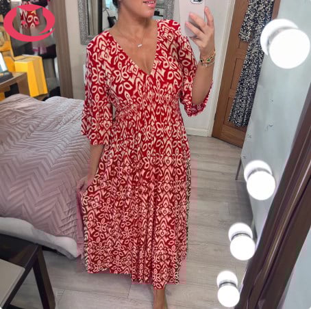 Bohemian print V-neck waist wrap long dress