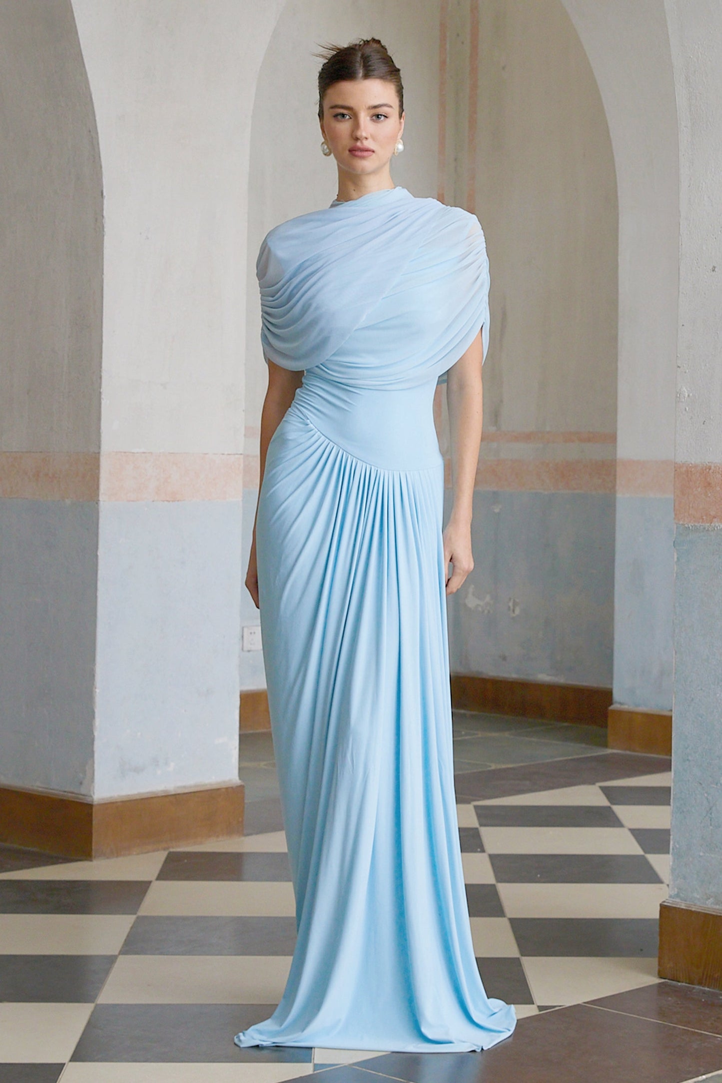 asymmetrical pleated maxi dress in Baby-blue