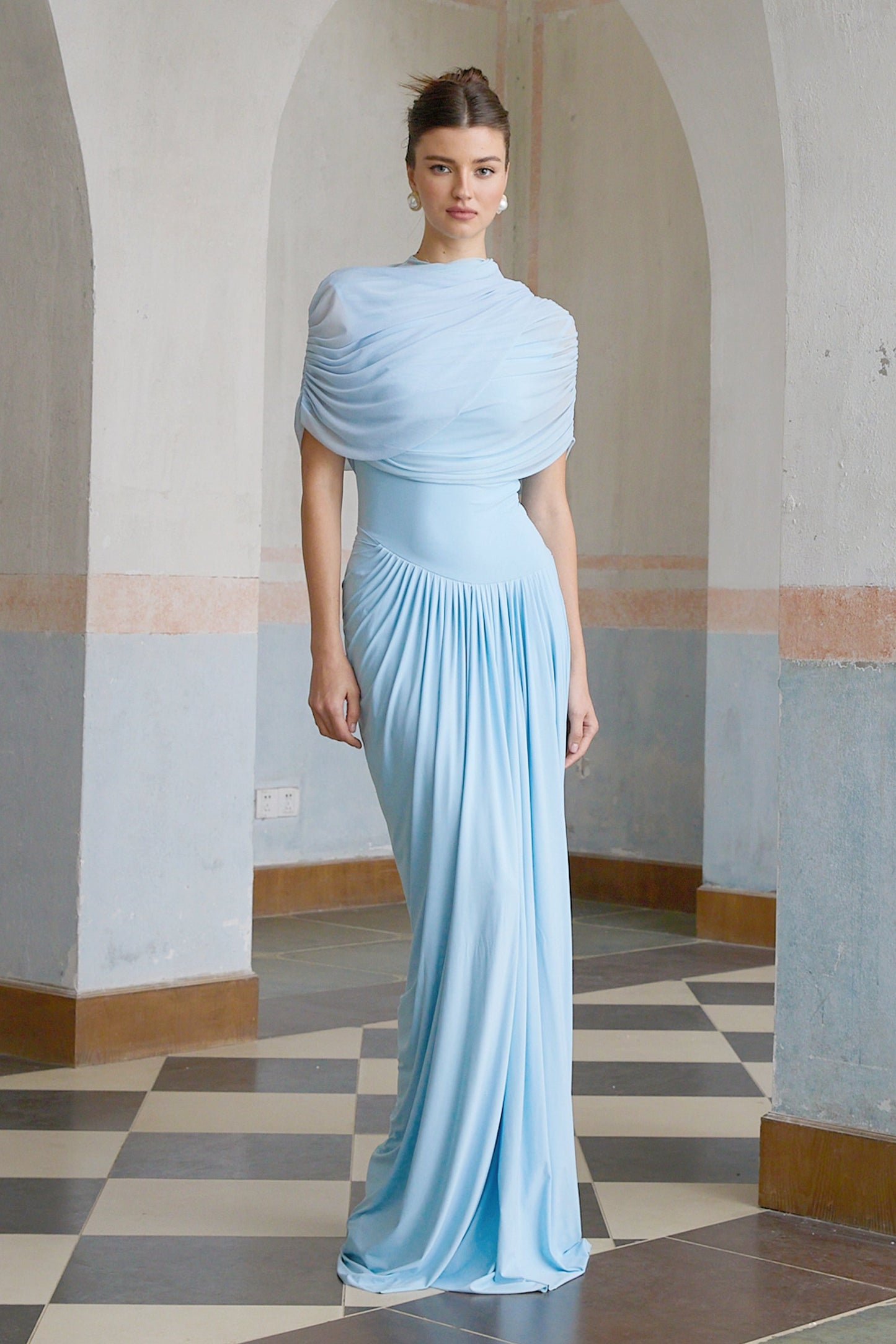 asymmetrical pleated maxi dress in Baby-blue