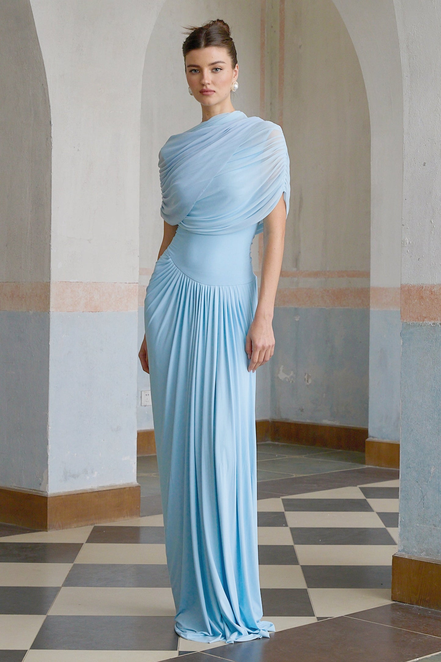 asymmetrical pleated maxi dress in Baby-blue