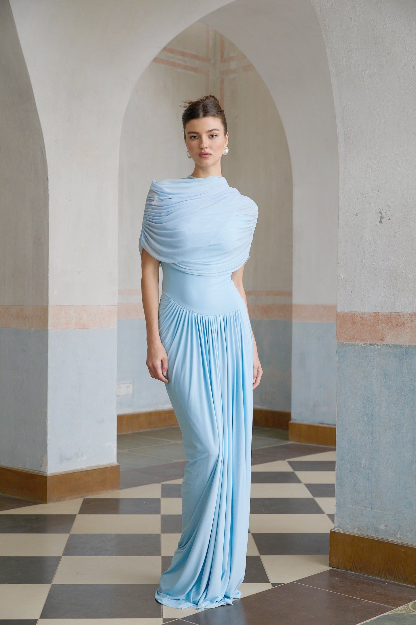 asymmetrical pleated maxi dress in Baby-blue