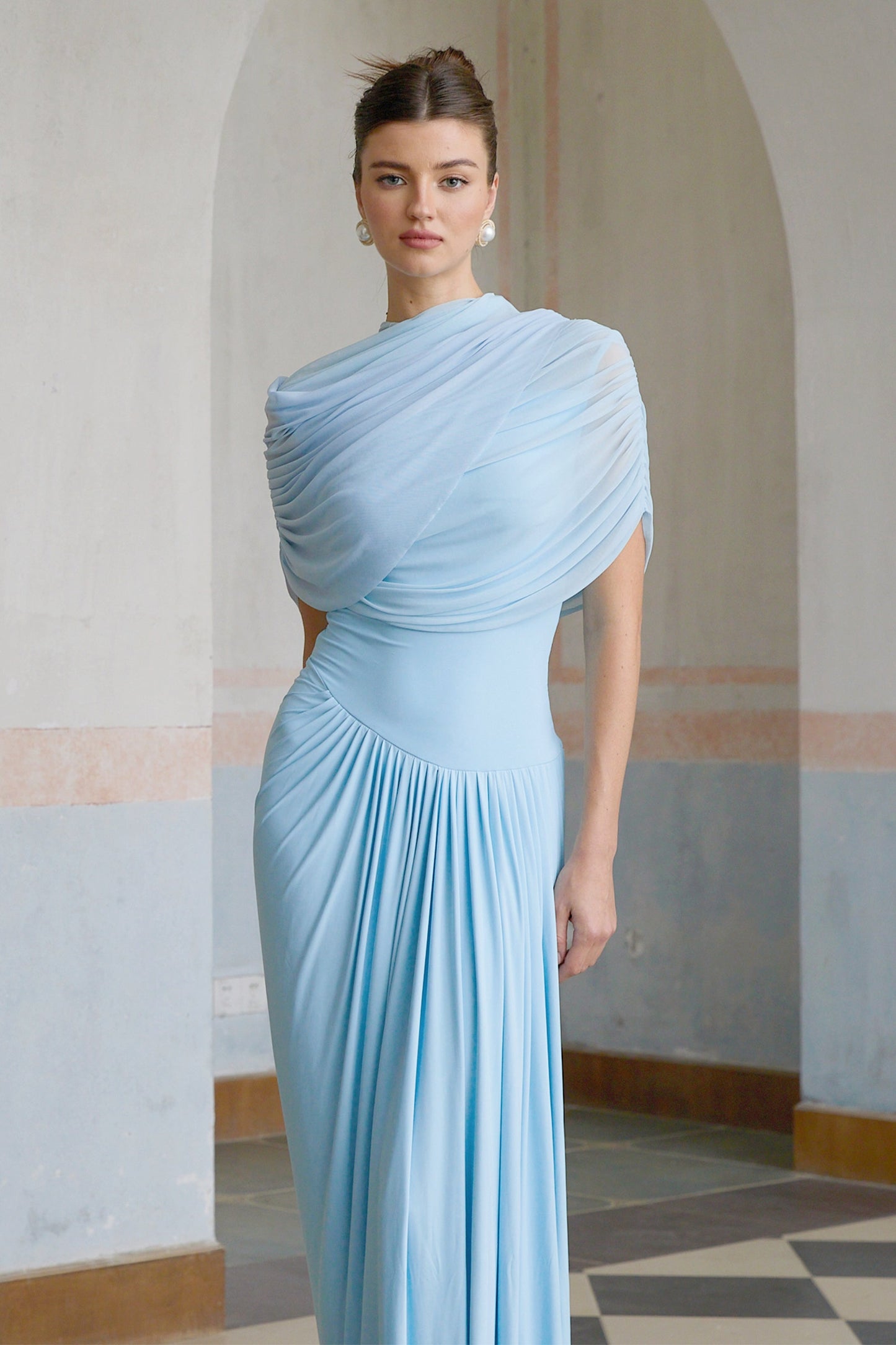 asymmetrical pleated maxi dress in Baby-blue