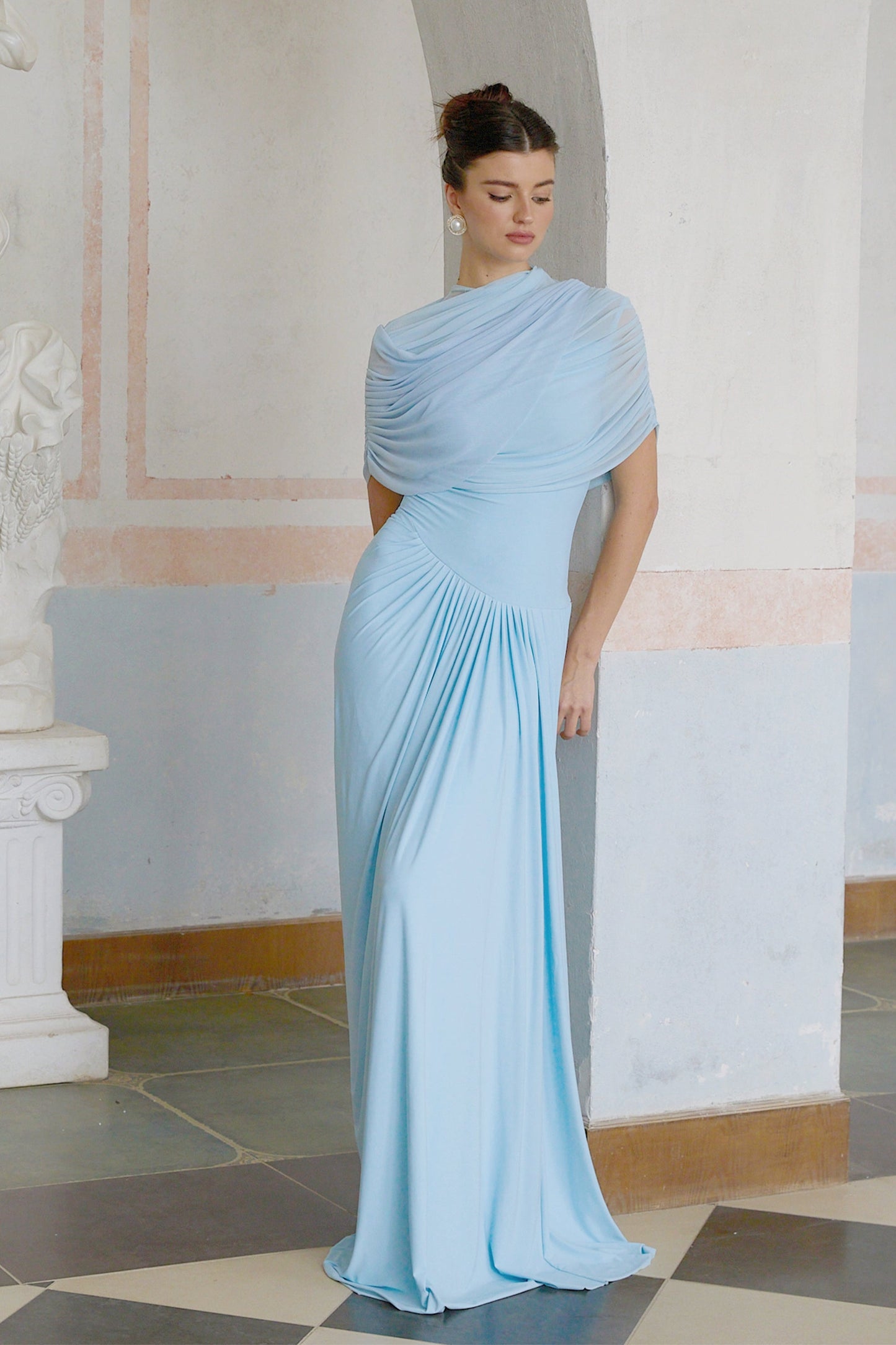 asymmetrical pleated maxi dress in Baby-blue