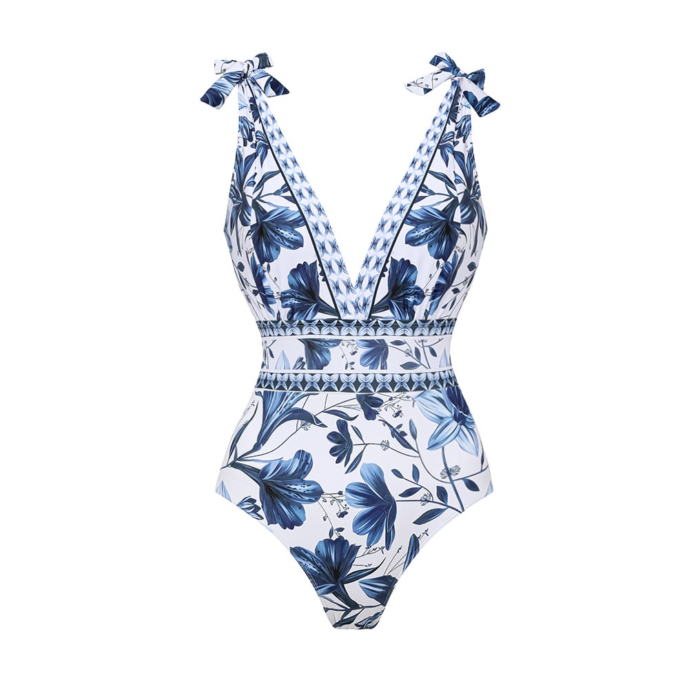 V Neck Ruffle Lace Up Printed One Piece Swimsuit and Skirt