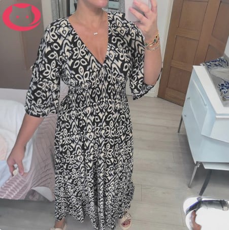Bohemian print V-neck waist wrap long dress