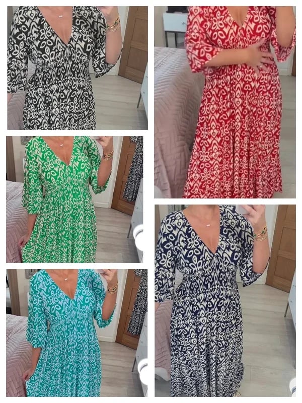 Bohemian print V-neck waist wrap long dress