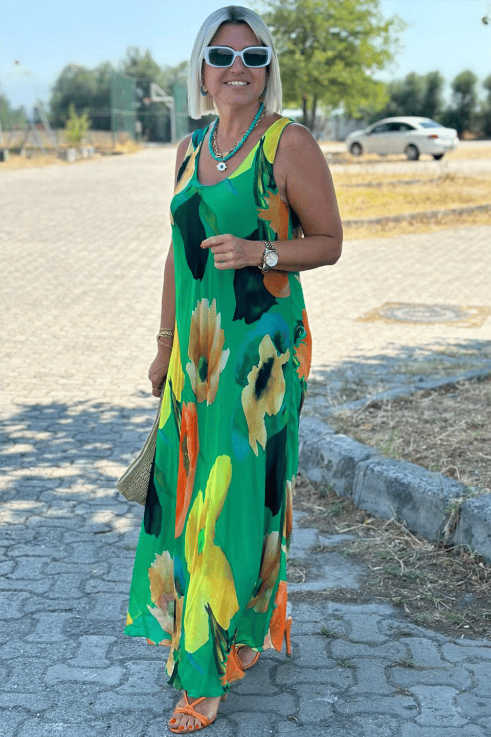 Floral Print Silk Chiffon Maxi Dress with U-Neckline