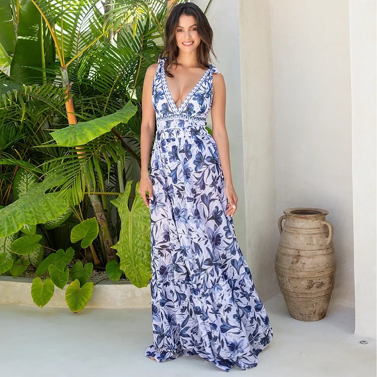 V Neck Ruffle Lace Up Printed One Piece Swimsuit and Skirt