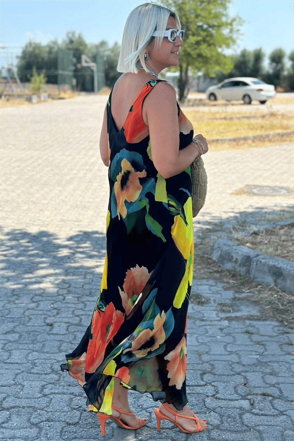 Floral Print Silk Chiffon Maxi Dress with U-Neckline