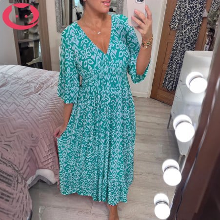 Bohemian print V-neck waist wrap long dress