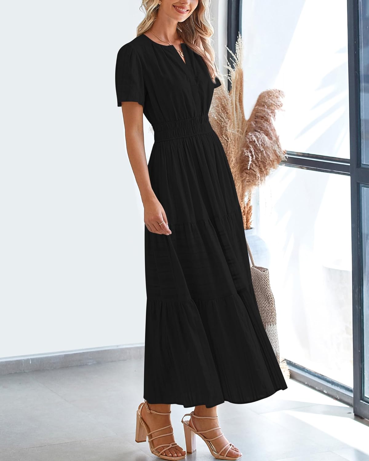 Womens Summer Lightweight Short Sleeve Midi Maxi Dresses