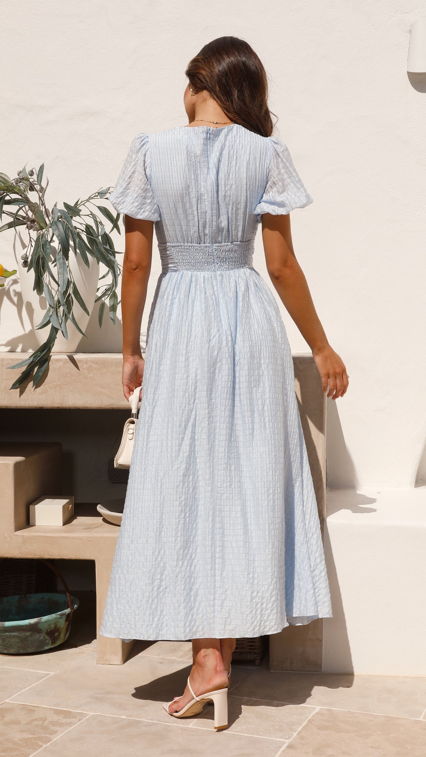 Solid color V-neck long puff sleeve dress