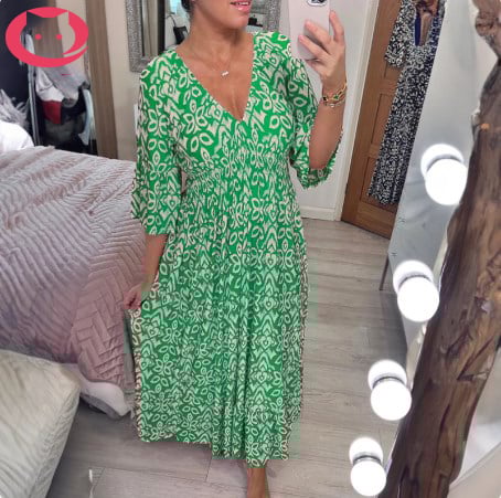 Bohemian print V-neck waist wrap long dress