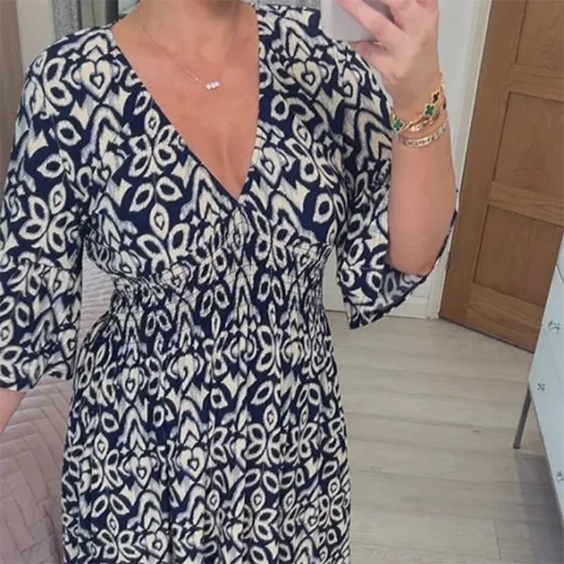 Bohemian print V-neck waist wrap long dress