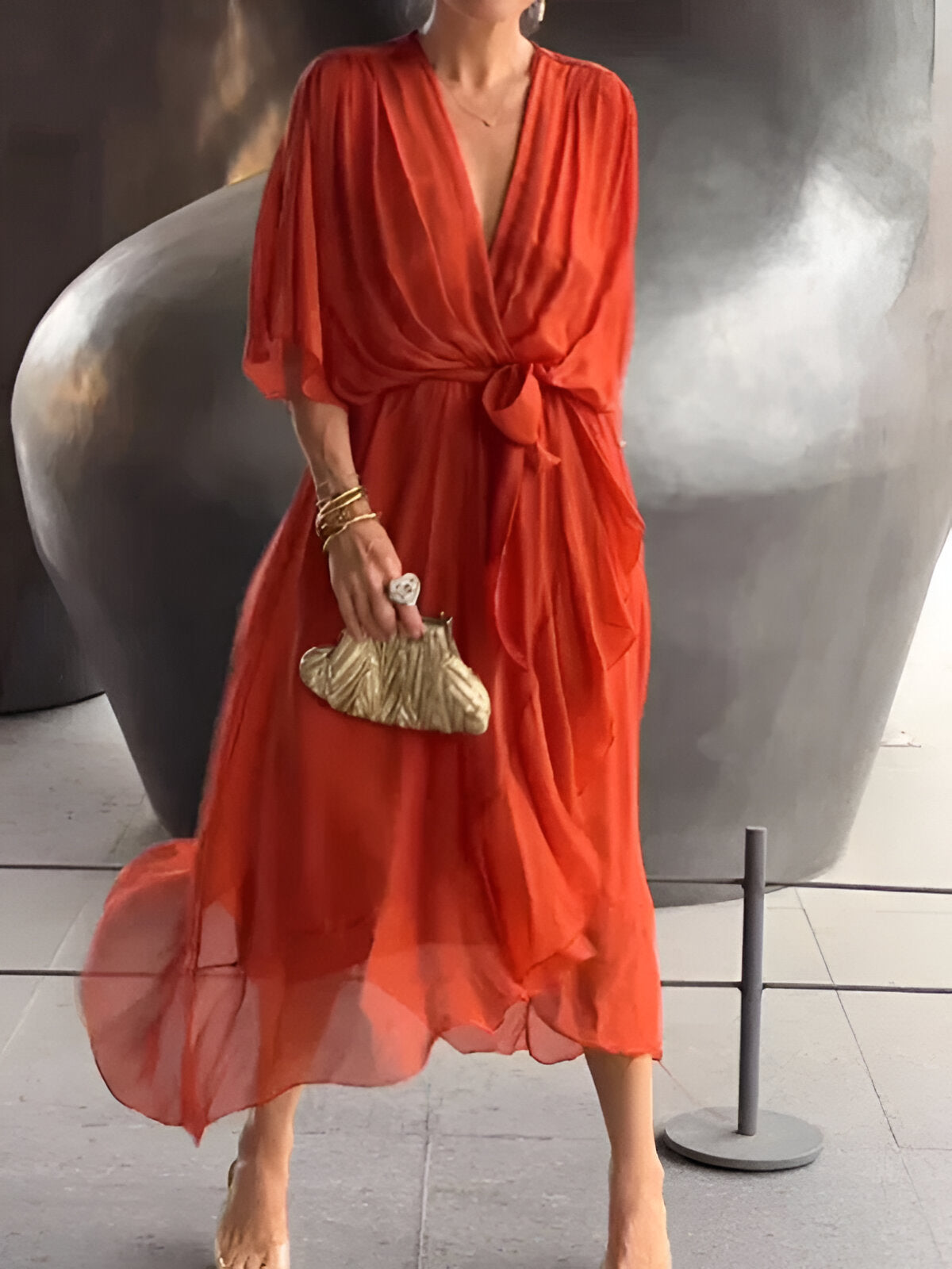 Chiffon dress with V-neck