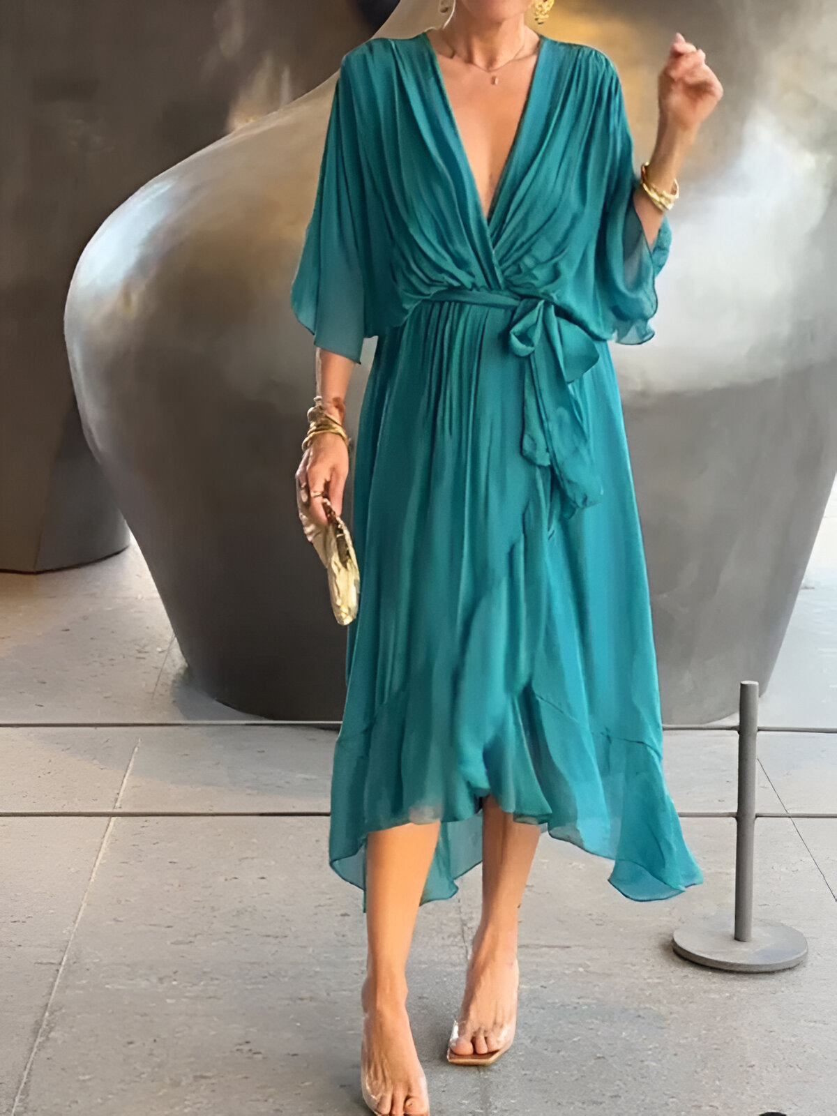Chiffon dress with V-neck