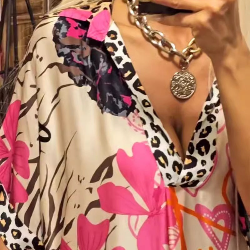 Women's Deep V Neck Short Sleeve Printed Dress
