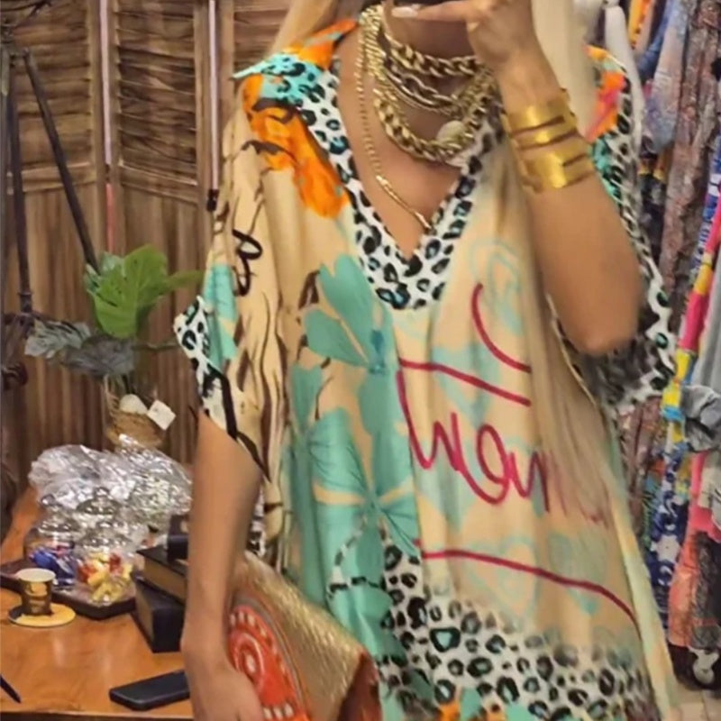 Women's Deep V Neck Short Sleeve Printed Dress