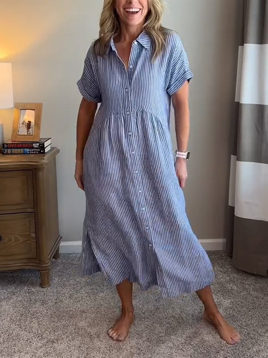 Striped Lapel Button Down Shirt Dress | With Functional Pockets