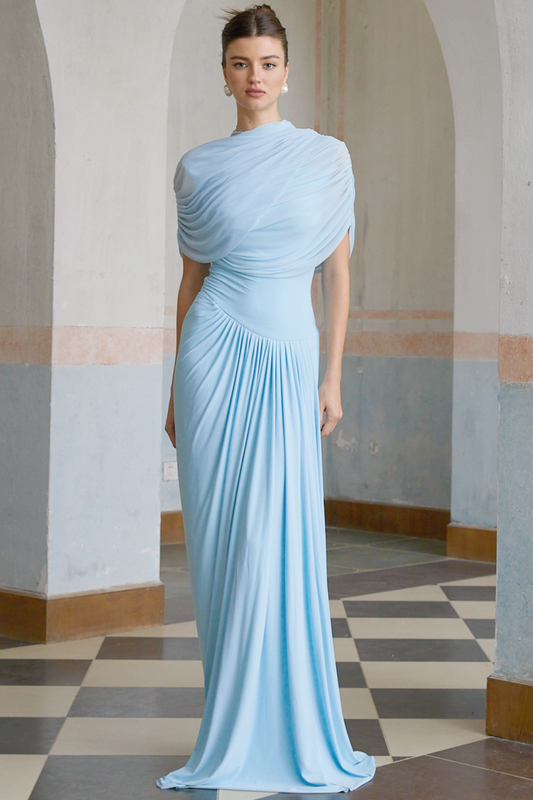 asymmetrical pleated maxi dress in Baby-blue