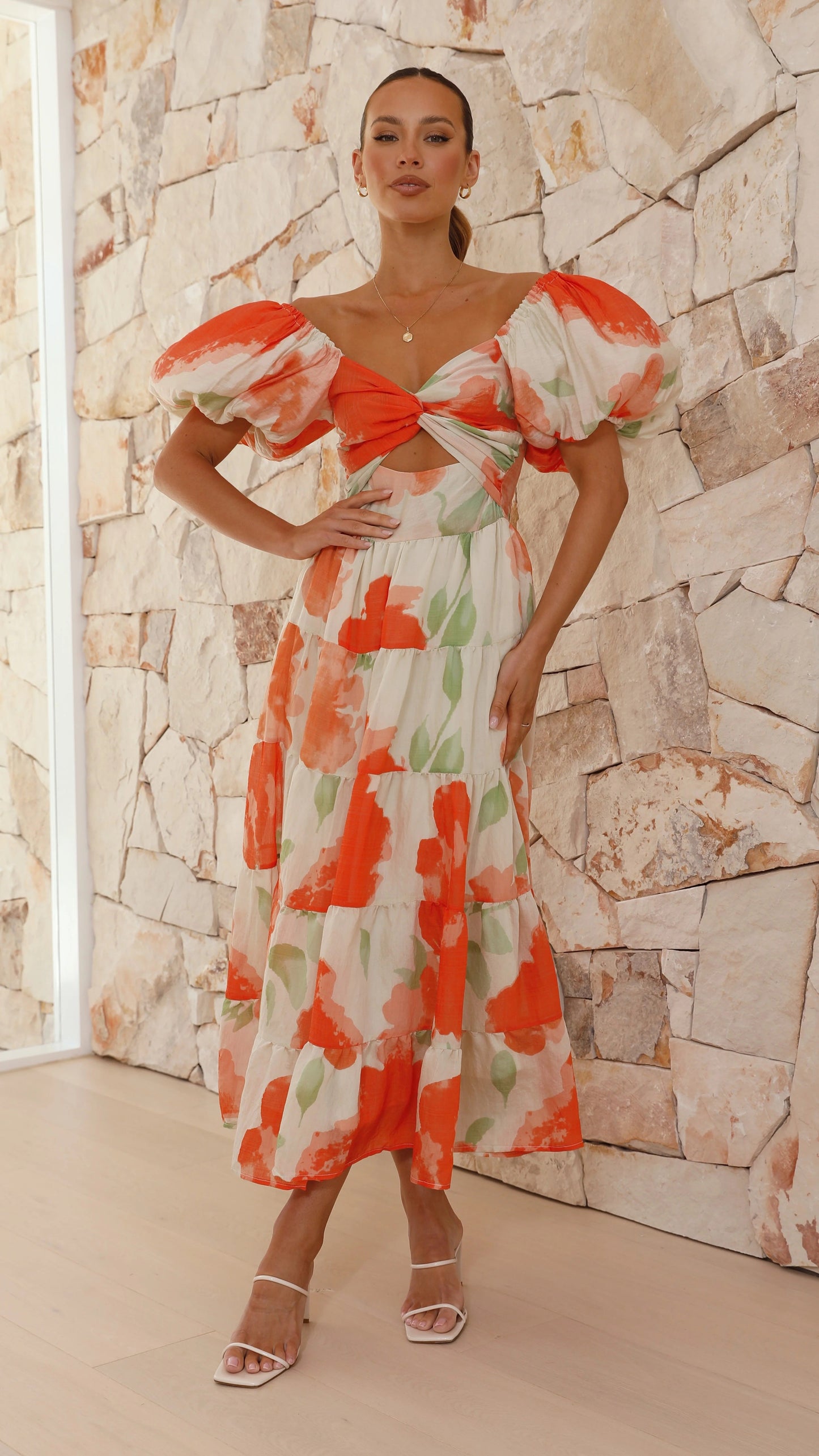 Printed Bubble Sleeve  Dress