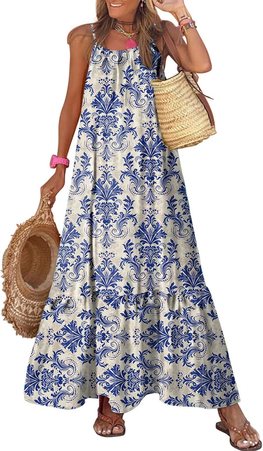 Spaghetti Strap Scoop Neck Smocked Ruffle Flowy Boho  Dress