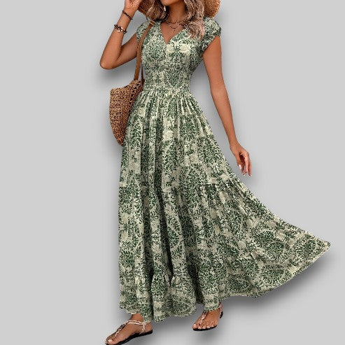 Printed V-neck long-sleeved swing dress