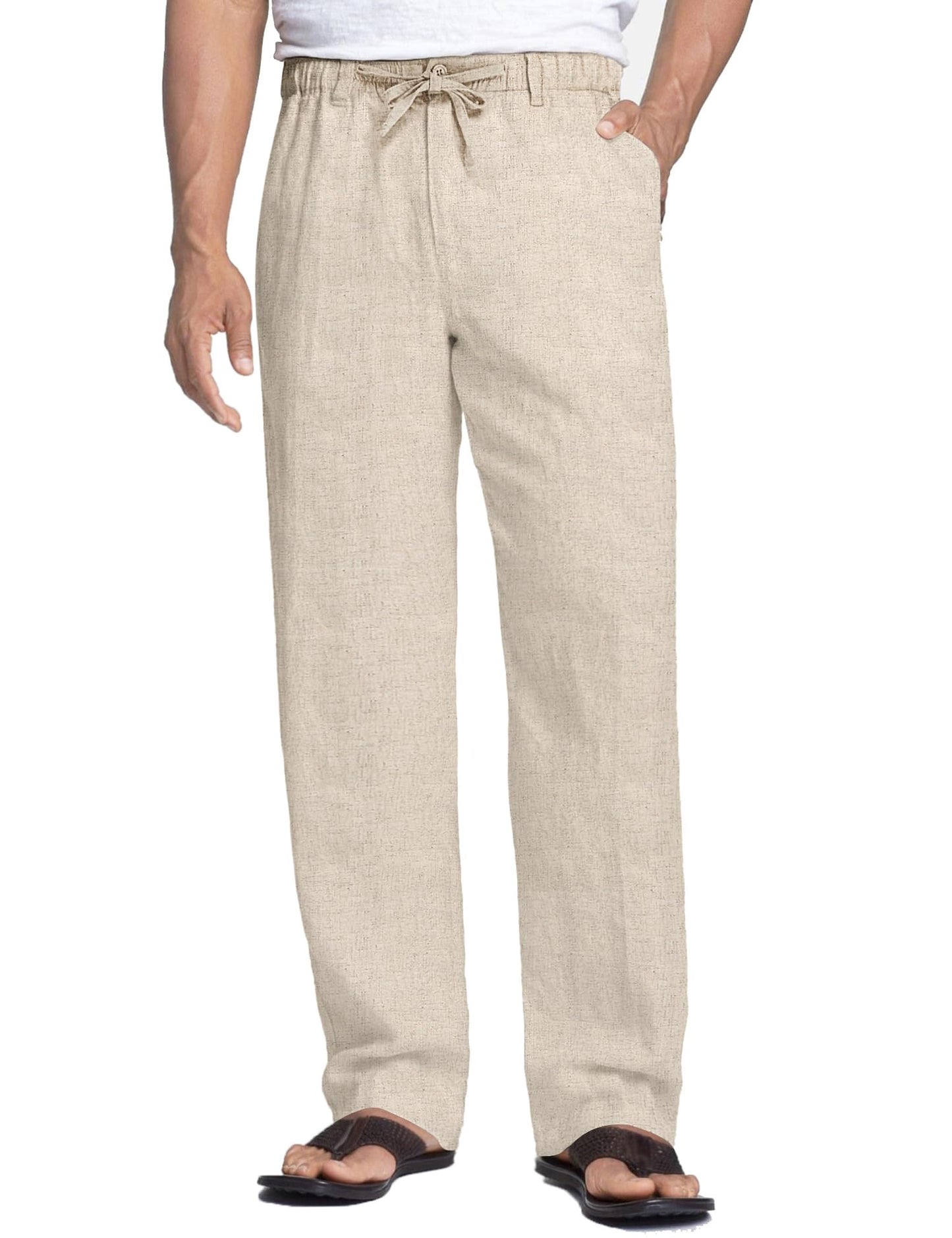 Men's Casual Linen Pants Elastic Waist Drawstring Beach Summer Pants