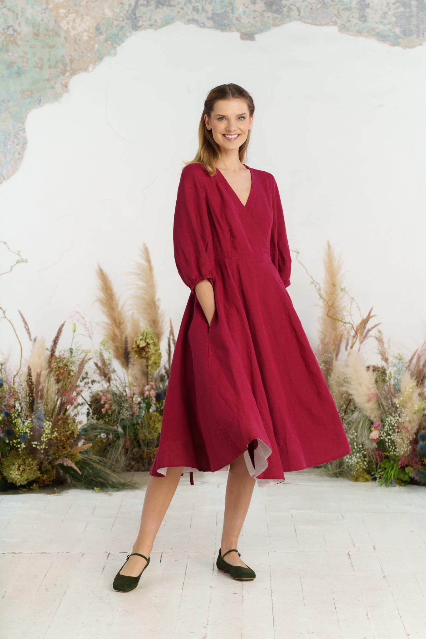 Solid color loose high waist cotton and linen dress