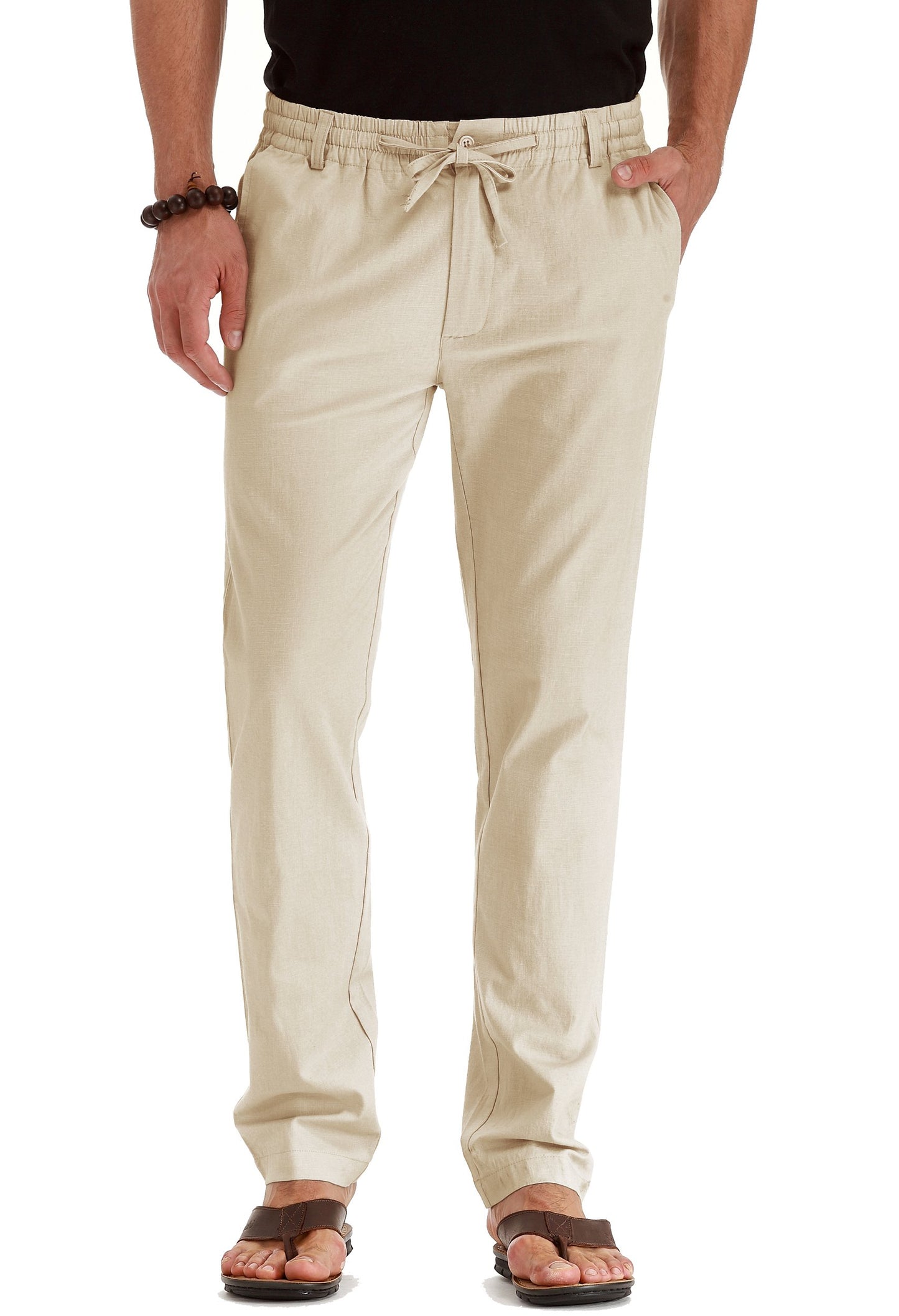 Men's Casual Linen Pants Elastic Waist Drawstring Beach Summer Pants