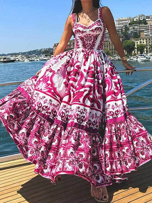 Mediterranean Italian Maiolica Pattern Maxi Dress