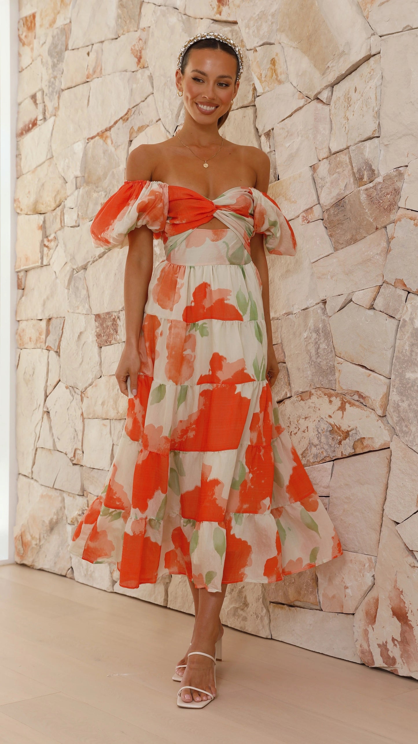 Printed Bubble Sleeve  Dress