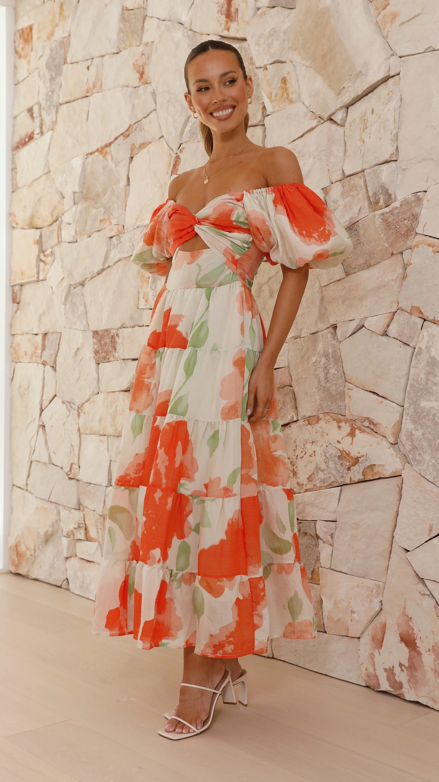Printed Bubble Sleeve  Dress