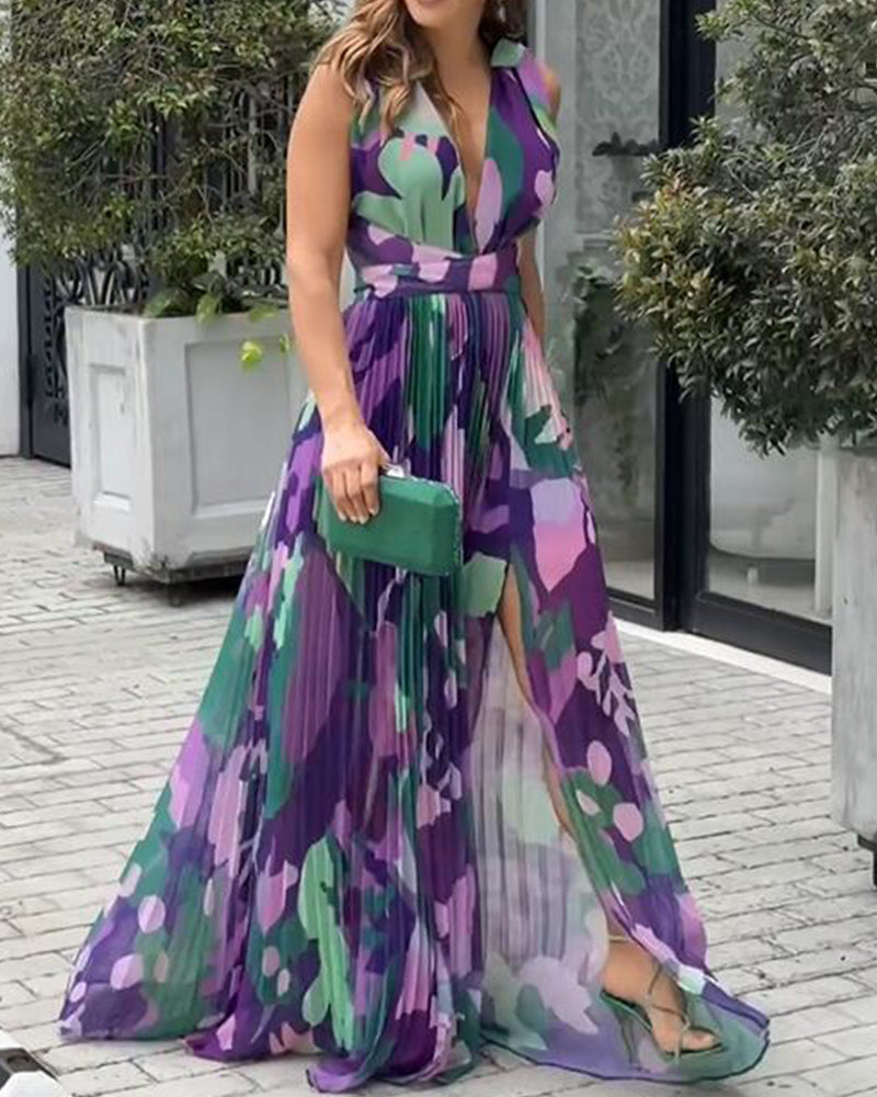 Sleeveless Contrasting Floral Print Pleated  Dress