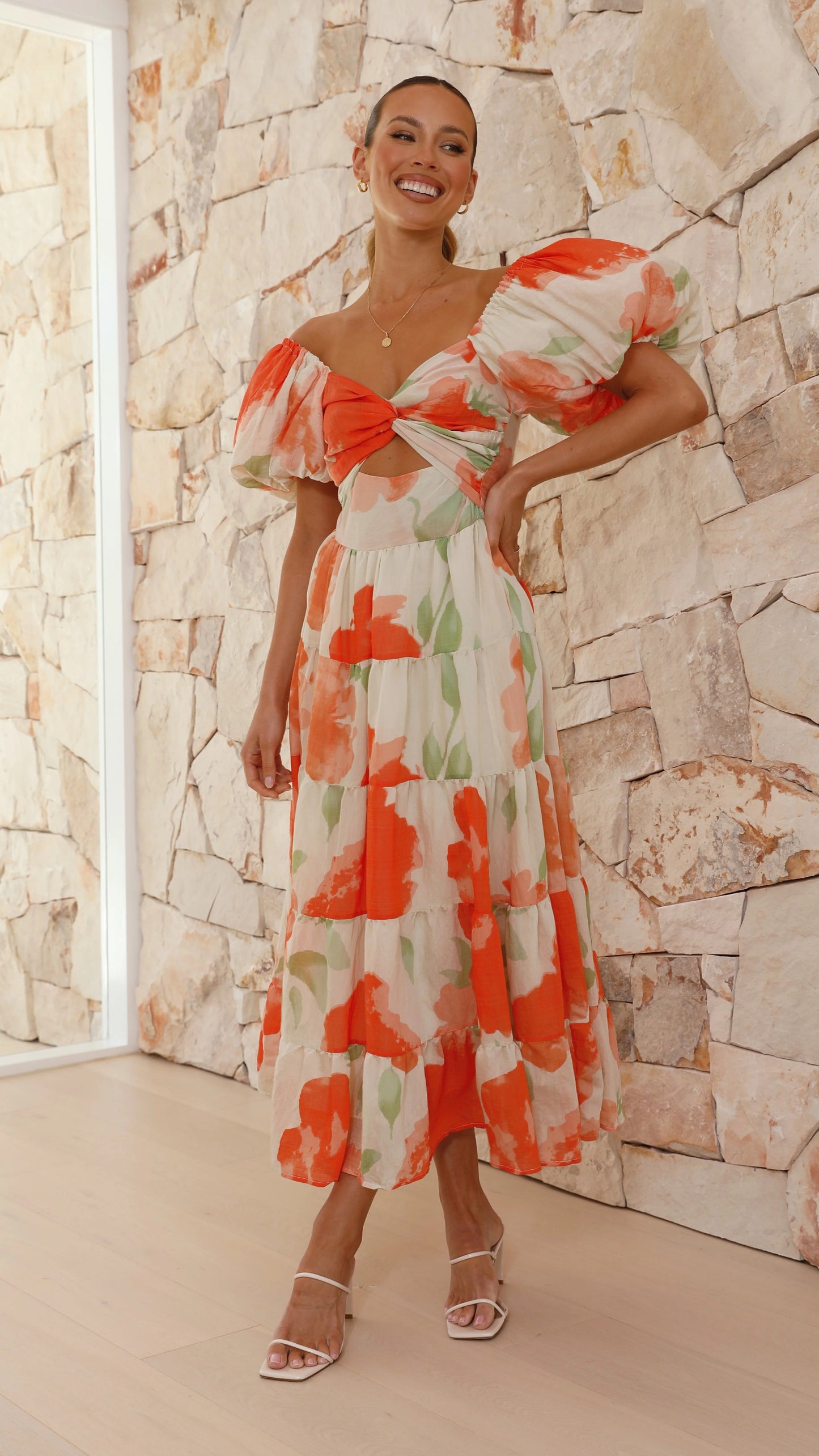 Printed Bubble Sleeve  Dress